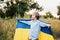 Ukraines Independence Flag Day. Constitution day. Ukrainian child boy in shirt with yellow and blue flag of Ukraine in field