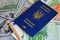 The Ukrainian biometric passport is on paper euro bills and dollars. Concept: increase of salaries, Ukrainians go abroad to work
