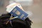 Ukrainian biometrical passport and Euro money with Airlines avia tickets on touristic backpack