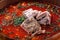 Ukrainian borsch with meat and greens closeup