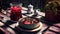 Ukrainian borscht with rye bread in white dishes on a wooden table in a cafe.