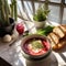 Ukrainian borscht, a traditional and well-loved national dish, is served in a bowl on the table. Generative AI