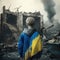 Ukrainian boy looks at destruction after bomb attack. Generative AI