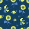 Ukrainian decorative seamless pattern. Yellow-blue birds and sunflower on blue background with flowers. Vector