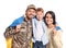 Ukrainian defender in military uniform and his family with flag on white background