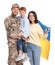 Ukrainian defender in military uniform and his family with flag on white background