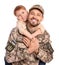 Ukrainian defender in military uniform with his little son on white background