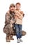 Ukrainian defender in military uniform with his little son on white background