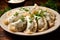 Ukrainian dumplings with sour cream in a bowl. Sprinkled with dill. AI Generated