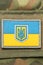 Ukrainian flag on the background of a camouflage military jacket and combat bullets. Country defense concept