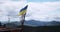 Ukrainian flag on tree bark fluttering against sky