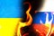 Ukrainian flag, the Ukrainian flag is burning, the Russian flag is burning, Russia's attack on Ukraine.