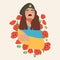 Ukrainian girl with a flag and poppies illustration