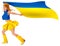 Ukrainian girl sport fan holding flag. Soccer goal win