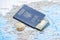Ukrainian international biometric passport with dollars on a map background
