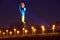 The Ukrainian Motherland Monument is illuminated with the blue and yellow