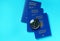 Ukrainian passports and compass on a blue background