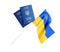 Ukrainian passports and national flag on white background. International relationships