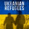 Ukrainian refugees background. War and military conflict concept. Flag painted on concrete wall with people silhouettes