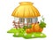 Ukrainian rural house with wooden fence and pumpkins