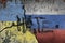 Ukrainian and russian flag painted on concrete wall with the text hate on top. war and conflict concept