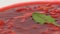 Ukrainian and russian national food - red beet soup borscht with beef.Moldovan soup. Close up. plate of beetroot cream