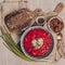 Ukrainian and Russian traditional beet soup borsh with sour cream in a bowl. Rustic style