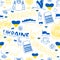 Ukrainian seamless pattern. Linear yellow-blue symbols, map of Ukraine, flag and flowers, stork and dove, viburnum bush