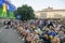 Ukrainian soccer fans cheer at the Fan Zone in downtown Kyiv, Ukraine, June 21, 2021 while watching UEFA EURO 2020 match