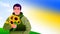 Ukrainian soldier with a bouquet of sunflowers. The Victory of Ukraine