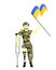 Ukrainian soldier with a yellow-blue flag. A soldier with a prosthetic leg. War in Ukraine