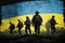 Ukrainian soldiers against Ukraine flag background, showcasing national pride and military strength. Generative AI