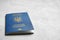Ukrainian travel passport on grey background, closeup with space for text. International