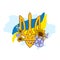 Ukrainian Trident Emblem decorated with Periwinkle Flowers and Sunflower.