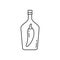 Ukrainian vodka icon. Linear bottle of horilka, moonshine. Black simple illustration of drink infused with chili pepper. Contour