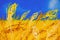 Ukrainian wheat grain texture and yellow blue flag. High quality photo