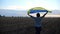 Ukrainian woman running with raised flag Ukraine above her head on wheat field at sunset. Lady jogging with national