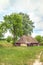 Ukrainian wooden barn Thatched locked uph