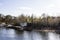 Ukranian landscape in the forest. Pine forest with a river name Psel in city Sumy. Pine trees on a river bank in Ukraine.