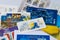 Ukrposhta. A set of different Ukrainian postage stamps and postcards. Kyiv, Ukraine - June 20, 2023.