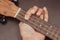 Ukulele in close up with hand placing chords. The chord is F. Portable string instrument. Music creation concept.  wooden