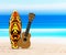 Ukulele guitar and surfboard on the beach, against the background of the sea or ocean. illustration in a tropical style.
