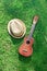 Ukulele with hat on green grass