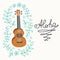 Ukulele and tropical leafs. hand drawn illustration