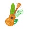 Ukulele or Wooden Hawaiian Guitar as Musical Stringed Instrument with Green Palm Leaf Vector Illustration