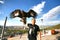 Ulaanbaatar Mongolia July 3 ,2016 - The man catch a Hawk at Zaisan Memorial