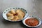 Ulen Ketan, Indonesian Traditional Snack Made from Steam Sticky Rice, Compressed or Shaped and then Deep Fried, Served with Sambal