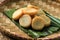 Ulen Ketan, Indonesian Traditional Snack from Steam Sticky Rice, Compressed or Shaped and then Deep Fried, Served with Sambal