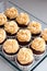 Ultimate chocolate dough cupcakes with peanut butter cream cheese frosting. Selective focus