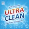 Ultra clean Soap design product. Template for laundry detergent with bubbles on blue. Package design for Liquid